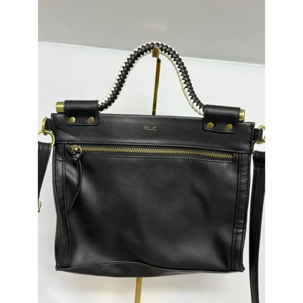 Relic by Fossil Black Faux Leather Crossbody Bag Braided Handle Gold Hardware